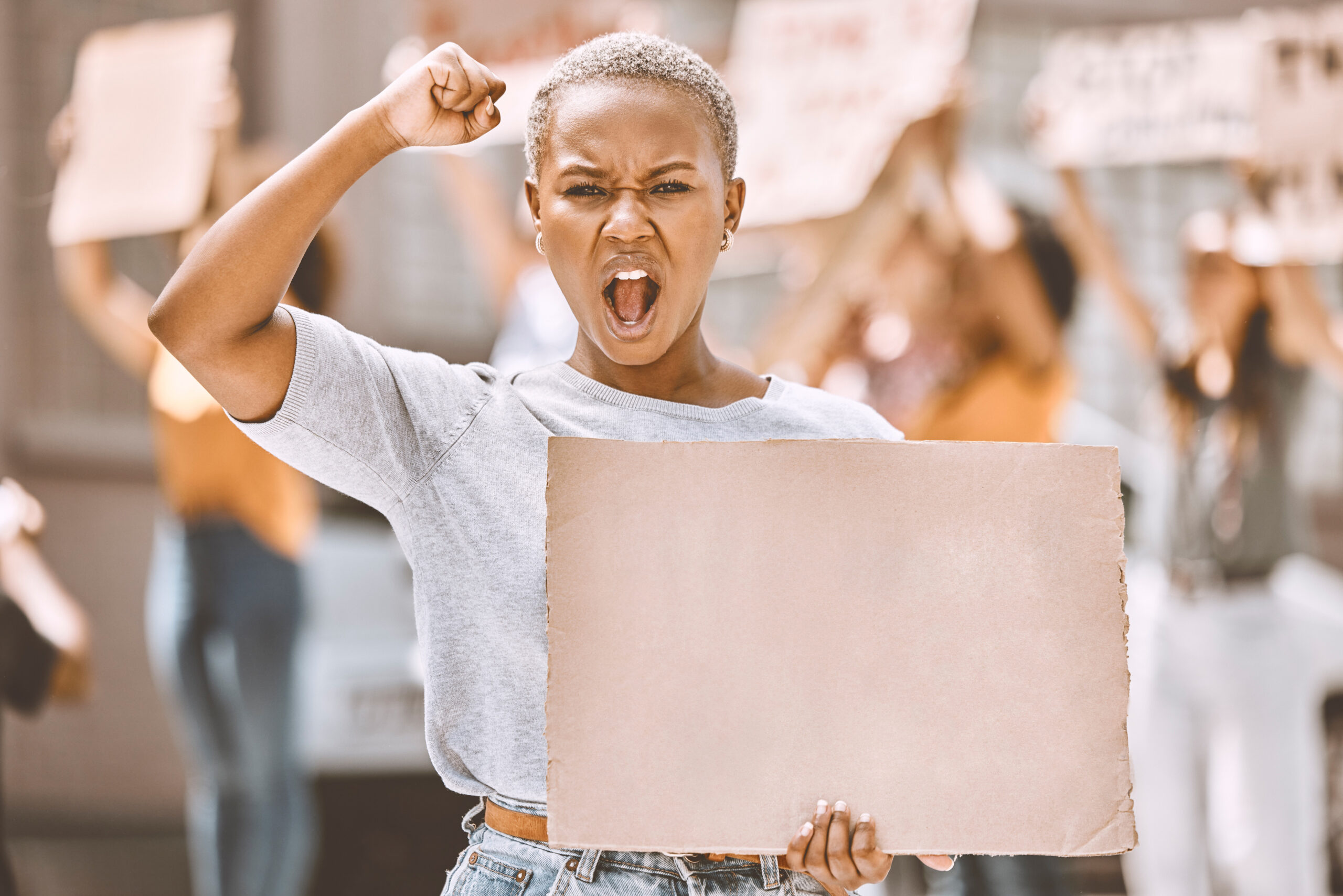 Protest cardboard mock up and black woman in crowd or street portrait with gender equality, human rights and justice with voice and power. Law, politics and activism mockup sign for women empowerment.